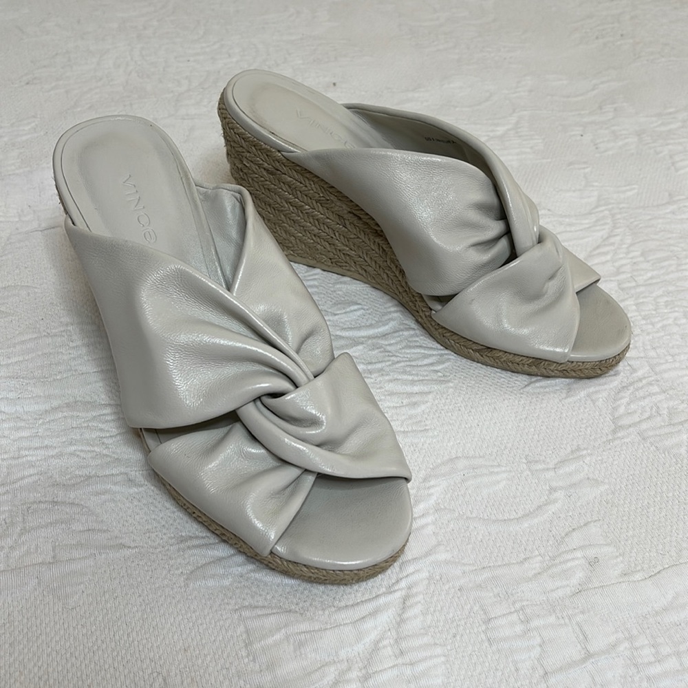 Vince Sylvia Wedge Espadrille Sandals Knotted Slip On Cream Leather Heel…